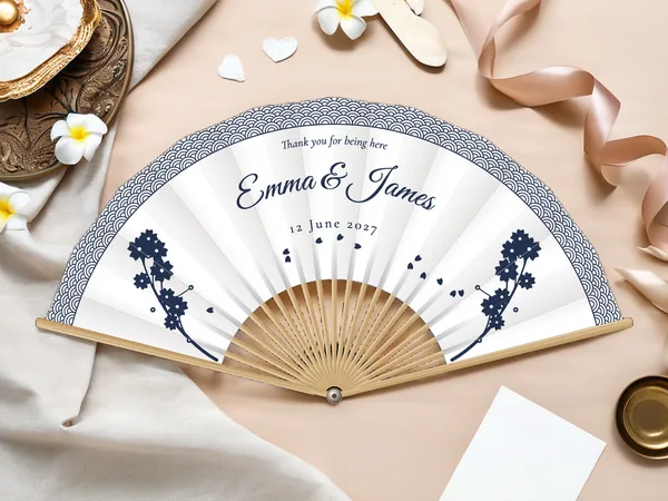 Personalised wedding fan "Cherry Blossom" with the names Emma & James, a wave frieze along the edge and cherry blossom branches on the sides, white fabric with navy blue print, on a wedding table