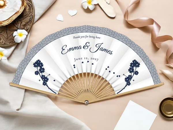 Personalized wedding fan "Cherry Blossom" with the names Emma & James, a wave frieze along the edge and cherry blossom branches on the sides, white fabric with navy blue print, on a wedding table