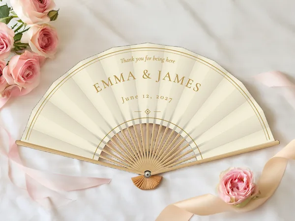 Personalized wedding fan "Ivory and Gold" with the names Emma & James, a fine double line along the edge and a small diamond below, ivory fabric with gold print, on a wedding table