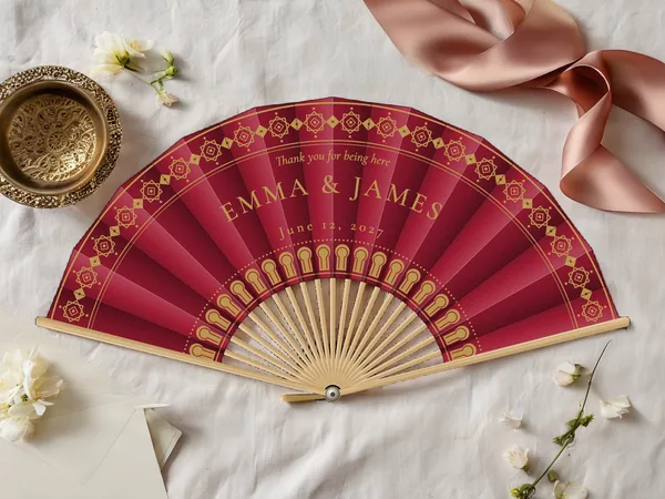 Personalized wedding fan "Medina" with the names Emma & James, a frieze of Moroccan-style rosettes along the edge and arches around the center, burgundy fabric with gold print, on a wedding table